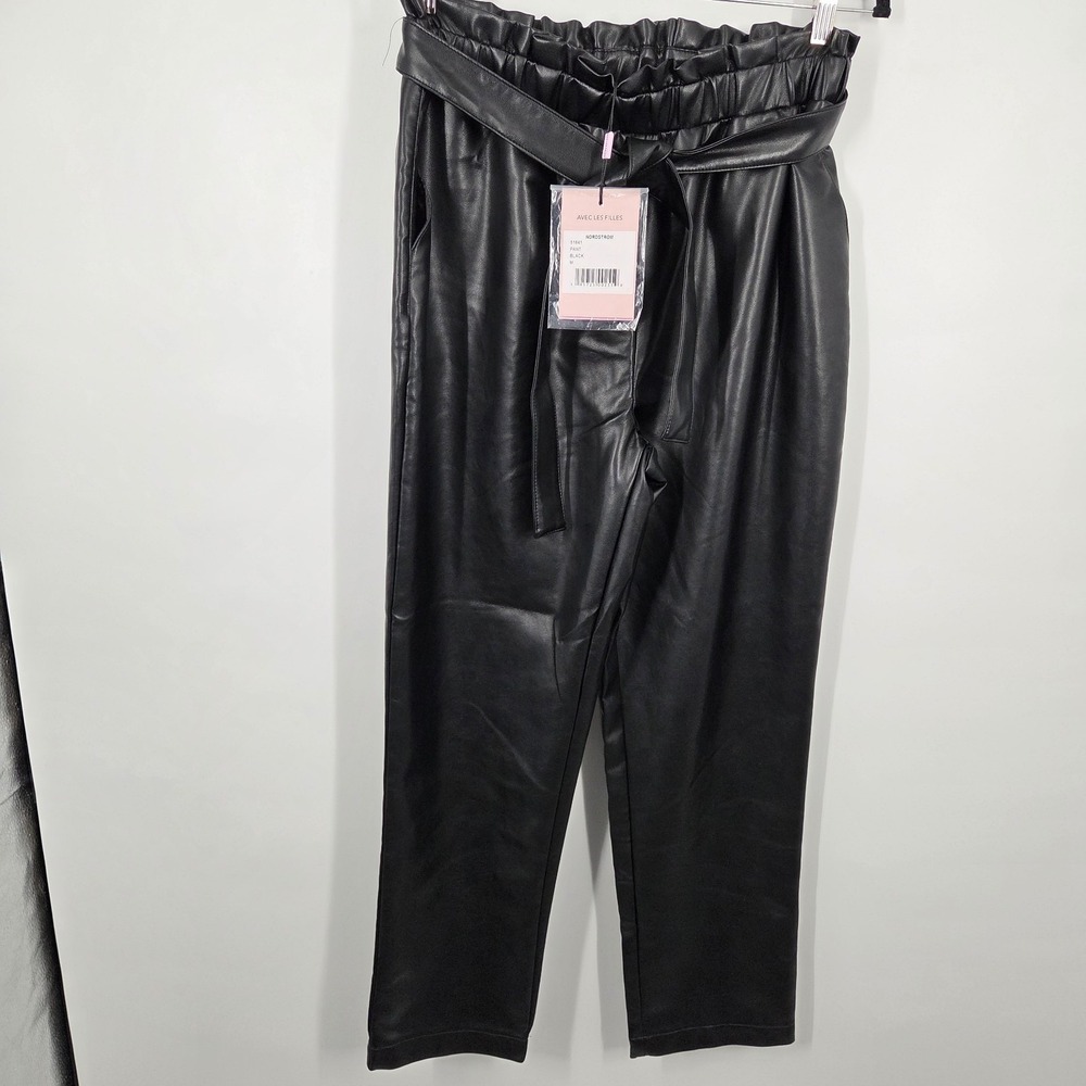 NEW Avec Les Filles Faux Vegan Leather Belted Paper Bag Pant M Bikercore Tapered